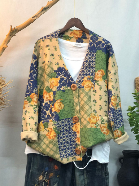 

Floral Geometric Color Block V Neck Simple Knitting Loose Cardigan, Green, Cardigans