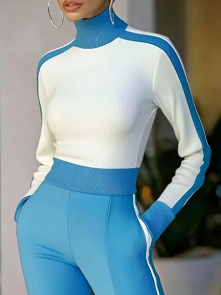 

Plus Size Regular Fit Turtleneck Urban Regular Sleeve Color Block Sweater, White-blue, Plus Tops
