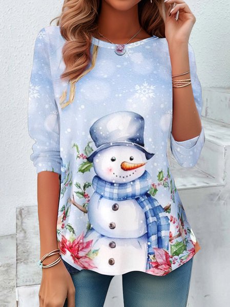 

Women's Long Sleeve Tee T-shirt Spring/Fall Christmas Snowman Printing Jersey Crew Neck Holiday Going Out Casual Top, Light blue, T-Shirts