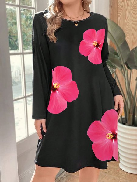 

Women Floral Crew Neck Long Sleeve Comfy Casual Midi Dress, Black, Dresses