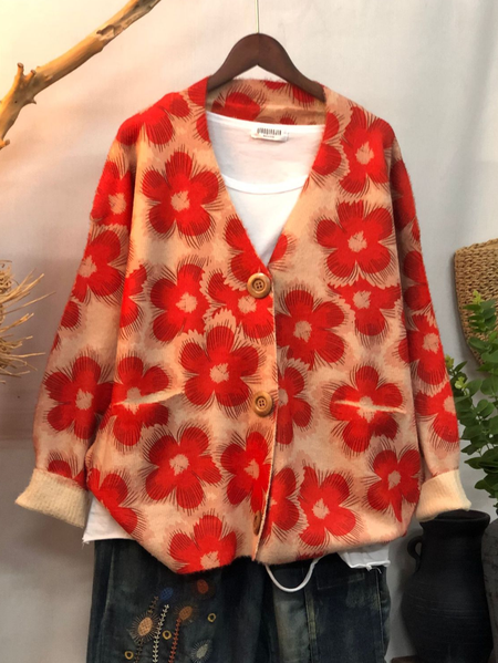 

Floral Wool/Knitting V Neck Casual Cardigan, Red, Cardigans