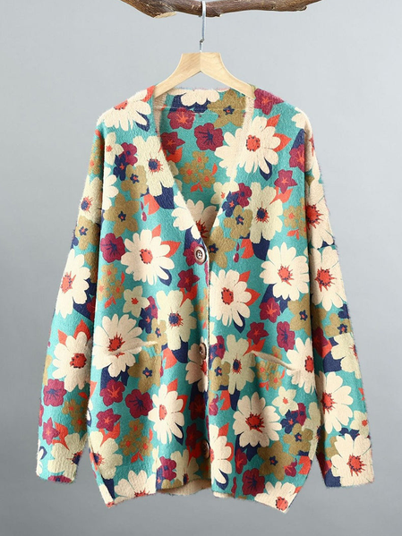 

Floral Simple Wool/Knitting Cardigan, Green, Cardigans