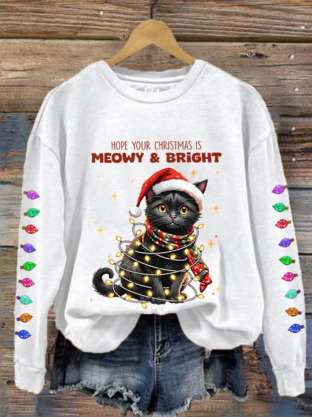 

Women's Hope Your Christmas Is Meowy And Bright Casual Sweatshirt, White, Hoodies&Sweatshirts