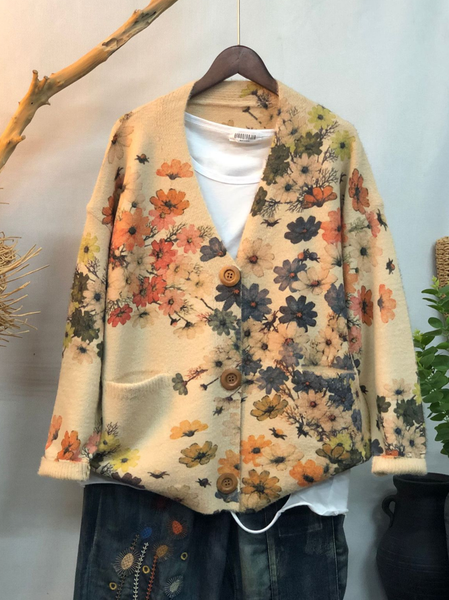 

Floral V Neck Loose Casual Cardigan, Khaki, Cardigans