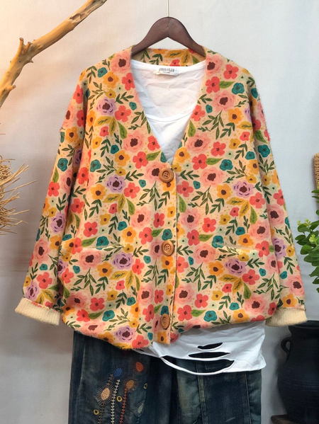 

Casual Floral V Neck Cardigan, Red, Cardigans