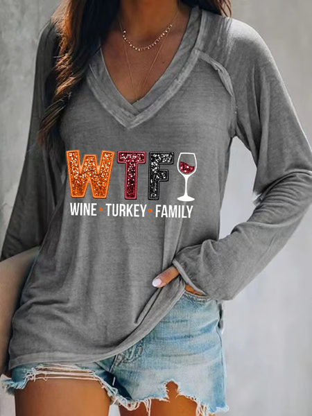 

Women's WTF Wine Turkey Family Print V Neck T-Shirt, Gray, Long sleeves