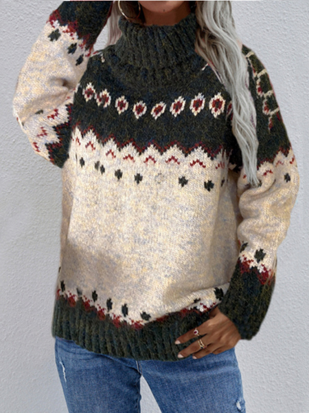 

Turtleneck Ethnic Casual Sweater, Green, Sweaters & Cardigans