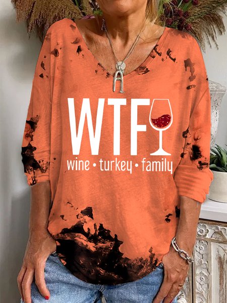 

Women's WTF Wine Turkey Family Print V-Neck Long Sleeve Tee, Orange, Long sleeves