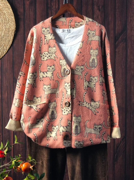 

Funny Cat Wool/Knitting Loose Simple Cardigan, Pink, Cardigans