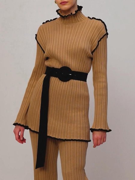 

Regular Fit Regular Sleeve Turtleneck Casual Sweater With No Belt, Camel, Pullovers