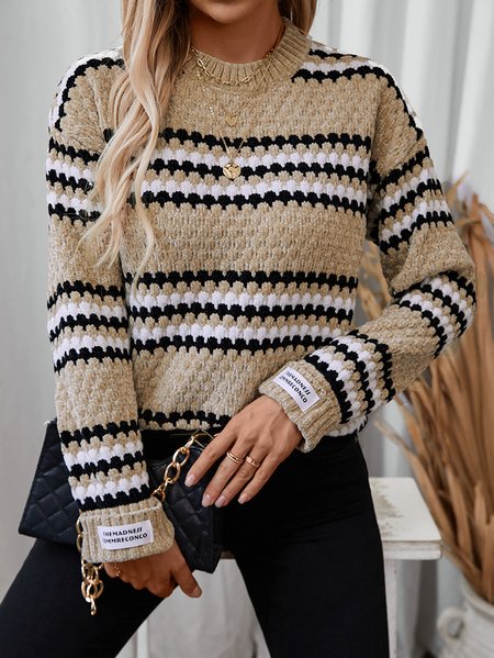

Striped Crew Neck Casual Yarn/Wool Yarn Sweater, Khaki, Sweaters & Cardigans