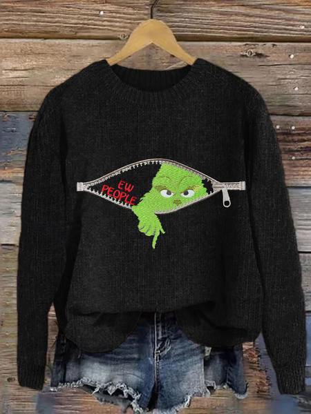 

Women's Christmas Ew People Print Casual Sweater, Black, Sweaters