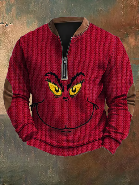 Men's Woolen Christmas Print Zip-Up Sweatshirt, Red, Hoodies&Sweatshirts