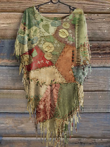 

Women's Vintage Patchwork Print Punk Hippie Batwing Tussle Fringes Poncho T-Shirt, Green, T-shirts
