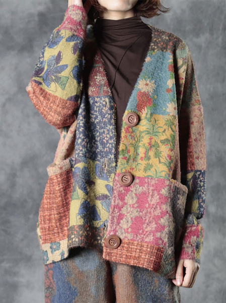 

Wool/Knitting Simple Loose V Neck Cardigan, As picture, Cardigans