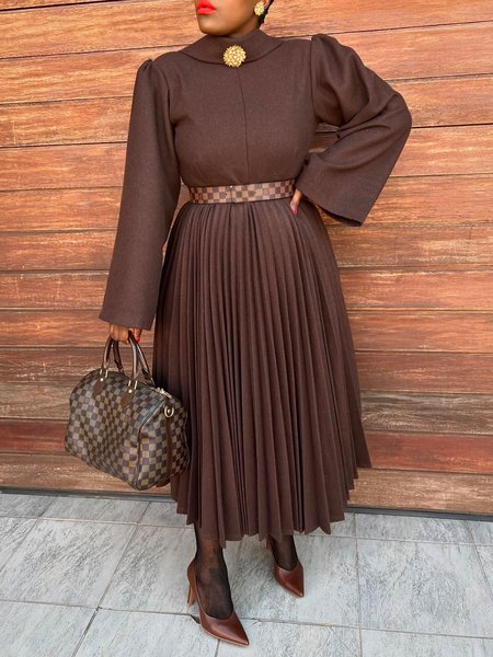

Plain Stand Collar Regular Fit Urban Pleated Dress With Brooch, Brown, Maxi Dresses