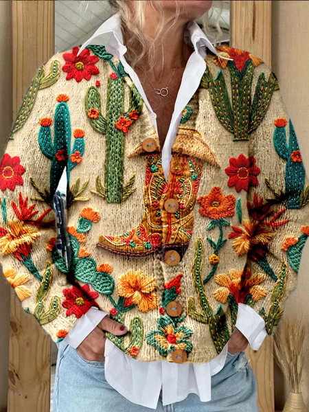 

Cactus Print Buttoned Cardigan Sweater, Khaki, Cardigans