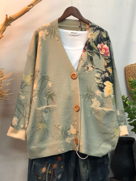 

Casual Wool/Knitting V Neck Cardigan, Green, Cardigans