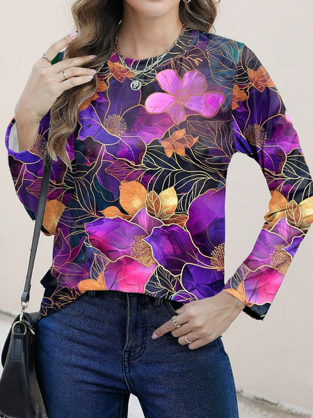 

Women's Long Sleeve Tee T-shirt Spring/Fall Floral Printing Jersey Crew Neck Holiday Going Out Casual Top, Purple, T-Shirts