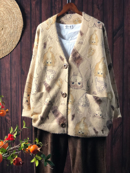 Funny Cat Simple Wool/Knitting V Neck Cardigan, Apricot, Cardigans
