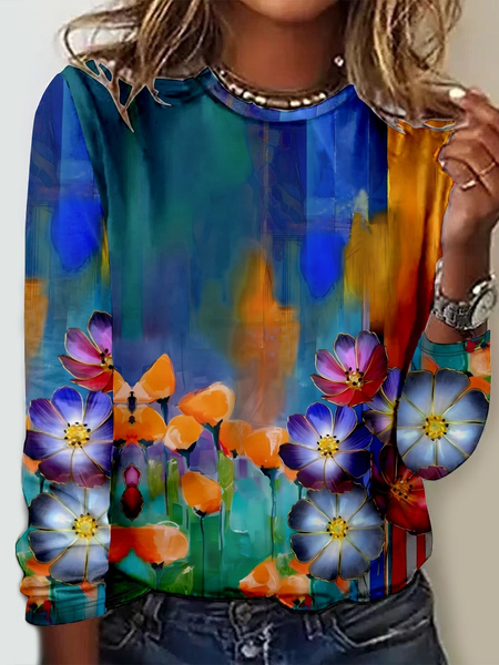 

Casual Floral Crew Neck Long Sleeve T-shirt, Multicolor, T-shirts