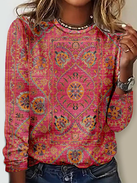 Ethnic Geometry Casual Crew Neck Long Sleeve Shirt, Red, Long sleeves