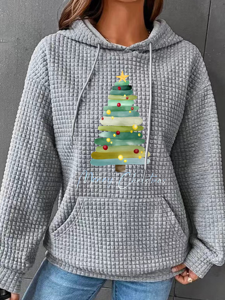 

Merry Christmas Tree Print Simple Loose Hoodie, Gray, Hoodies&Sweatshirts