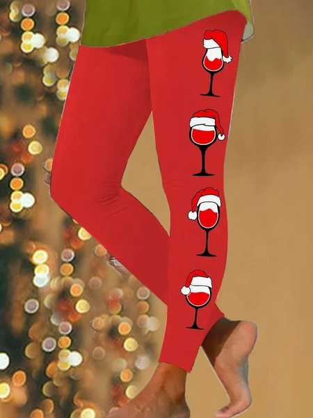 

Casual Christmas Wine Glass Long Leggings, Red, Leggings