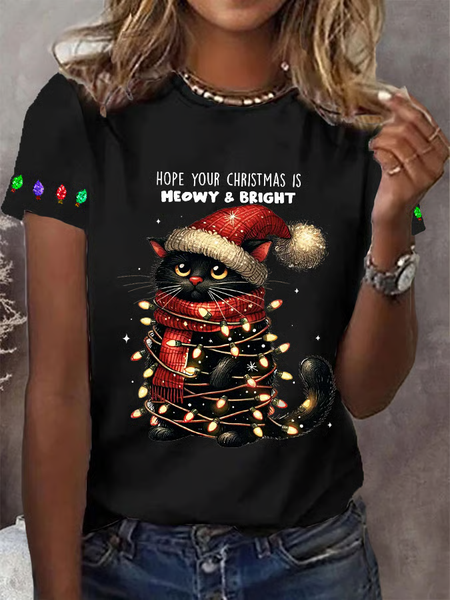 

Women's Hope Your Christmas Is Meowy And Bright Casual T-Shirt, Black, T-shirts
