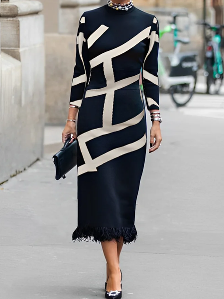 

Plus Size Regular Sleeve Geometric Feather Regular Fit Long Sleeve Elegant Midi Dress, Black, Plus Dresses