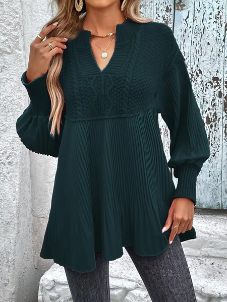 

Notched Long Sleeve Plain Regular Micro-Elasticity Loose Blouse For Women, Green, Blouses