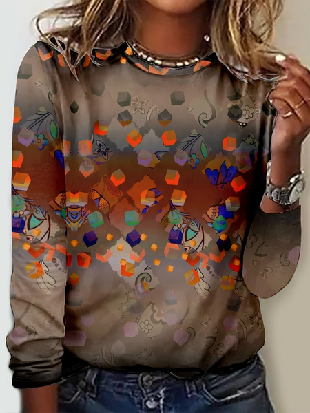 

Casual Geometric Crew Neck Long Sleeve T-shirt, Gray, T-shirts