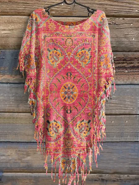 

Women's Vintage Floral Totem Print Punk Hippie Batwing Tussle Fringes Poncho T-Shirt, Pink, T-shirts