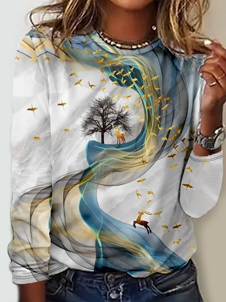 

Casual Abstract Crew Neck Long Sleeve T-shirt, Multicolor, T-shirts