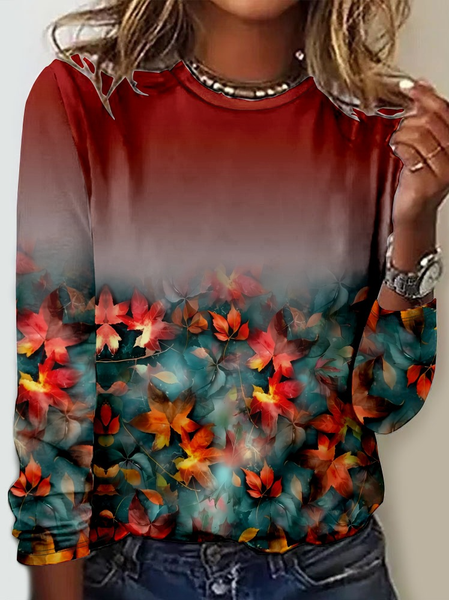

Casual Maple Leaf Crew Neck Long Sleeve T-shirt, Red, T-shirts
