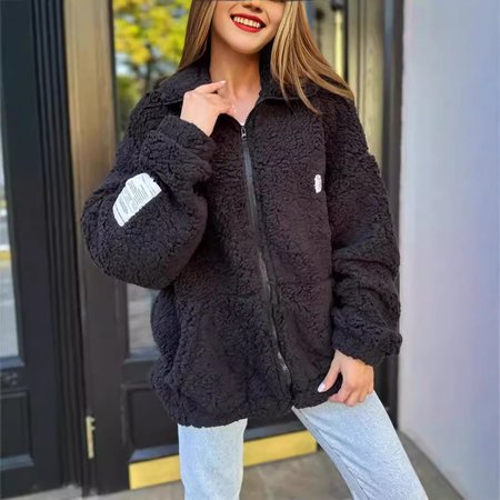 

Women's Plain Sherpa Jacket Zipper Regular Loose Teddy Jacket, Black, Coats