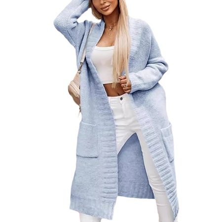

Women Wool/Knitting Plain Long Sleeve Comfy Casual Cardigan, Sky blue, Coats