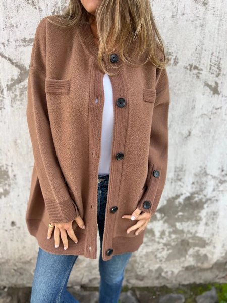 

Women's Winter Outerwear Wool/Knitting Casual Buckle Plain Regular Crew Neck Overcoat, Khaki, Outerwear