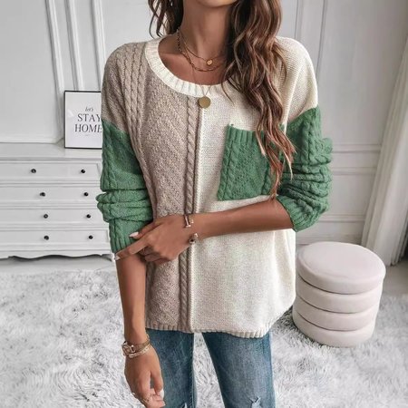 

Crew Neck Casual Color Block Sweater, Green, Sweaters & Cardigans