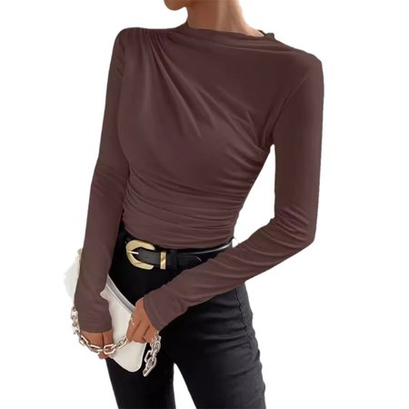 

Women's Long Sleeve Blouse Spring/Fall Plain Crew Neck Daily Going Out Casual Top, Brown, Shirts & Blouses