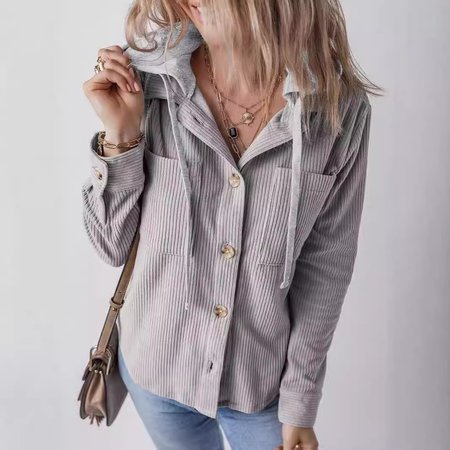 

Women's Autumn Outerwear Casual Corduroy Plain Long Sleeve Hoodie Jacket, Gray, Coats