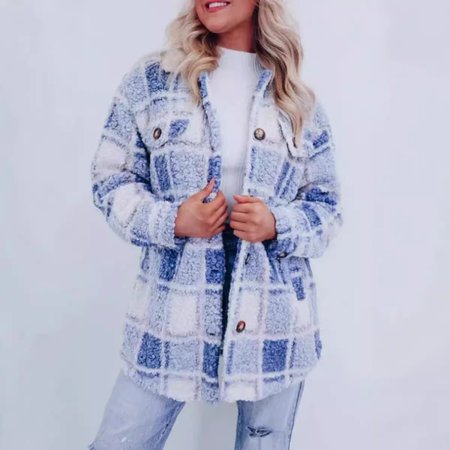 Women's Plaid Heavyweight Loose Jacket, Light blue, Coats