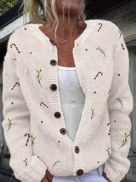 Loose Crew Neck Casual Knitted Sweater, White, Cardigans