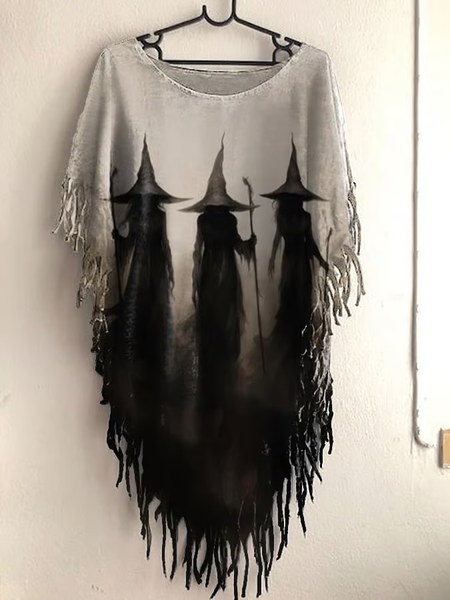 Women's Halloween Witch Print Round Neck Top, Black, T-shirts