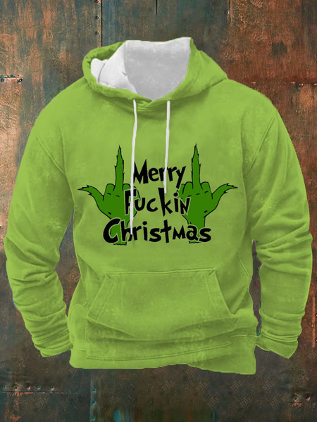 Men's Merry Fuckin Christmas Printed Hood Sweatshirt, Green, Hoodies&Sweatshirts