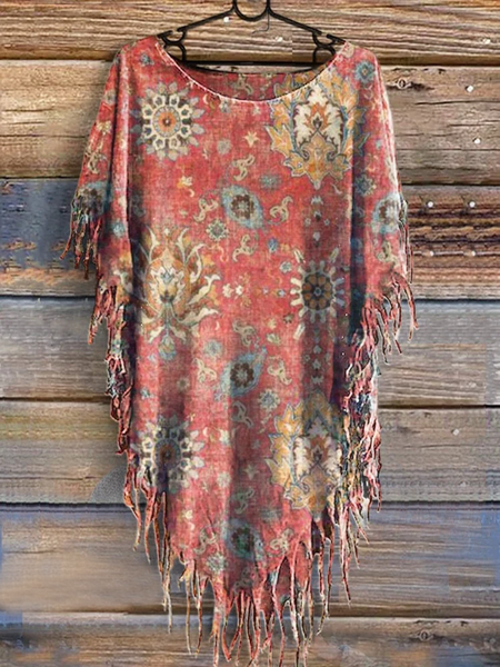 

Women's Retro Ethnic Pattern Print Casual Tassel T-Shirt, Red, T-shirts