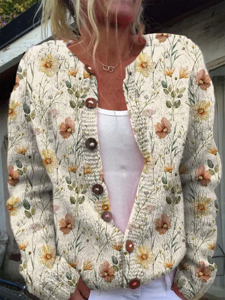 

Watercolor Garden Floral Pattern Printed Buttoned Cardigan Sweater, Apricot, Cardigans
