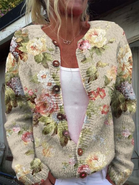 

Retro Fresh Flowers Print Buttoned Cardigan Sweater, Beige, Cardigans
