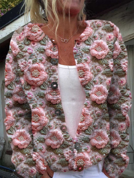 

Vintage Pink Flower Print Buttoned Cardigan Sweater, Cardigans