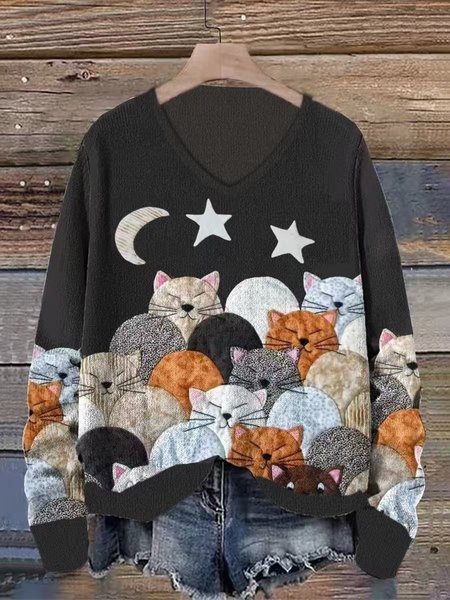 

Women Wool/Knitting Cat Long Sleeve Comfy Casual Sweater, Flower, Sweaters